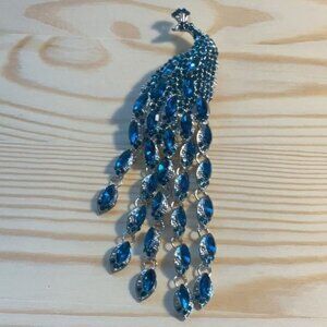 Retro Peacock Birds Brooch Pin Dangling Blue Teardrop Rhinestones